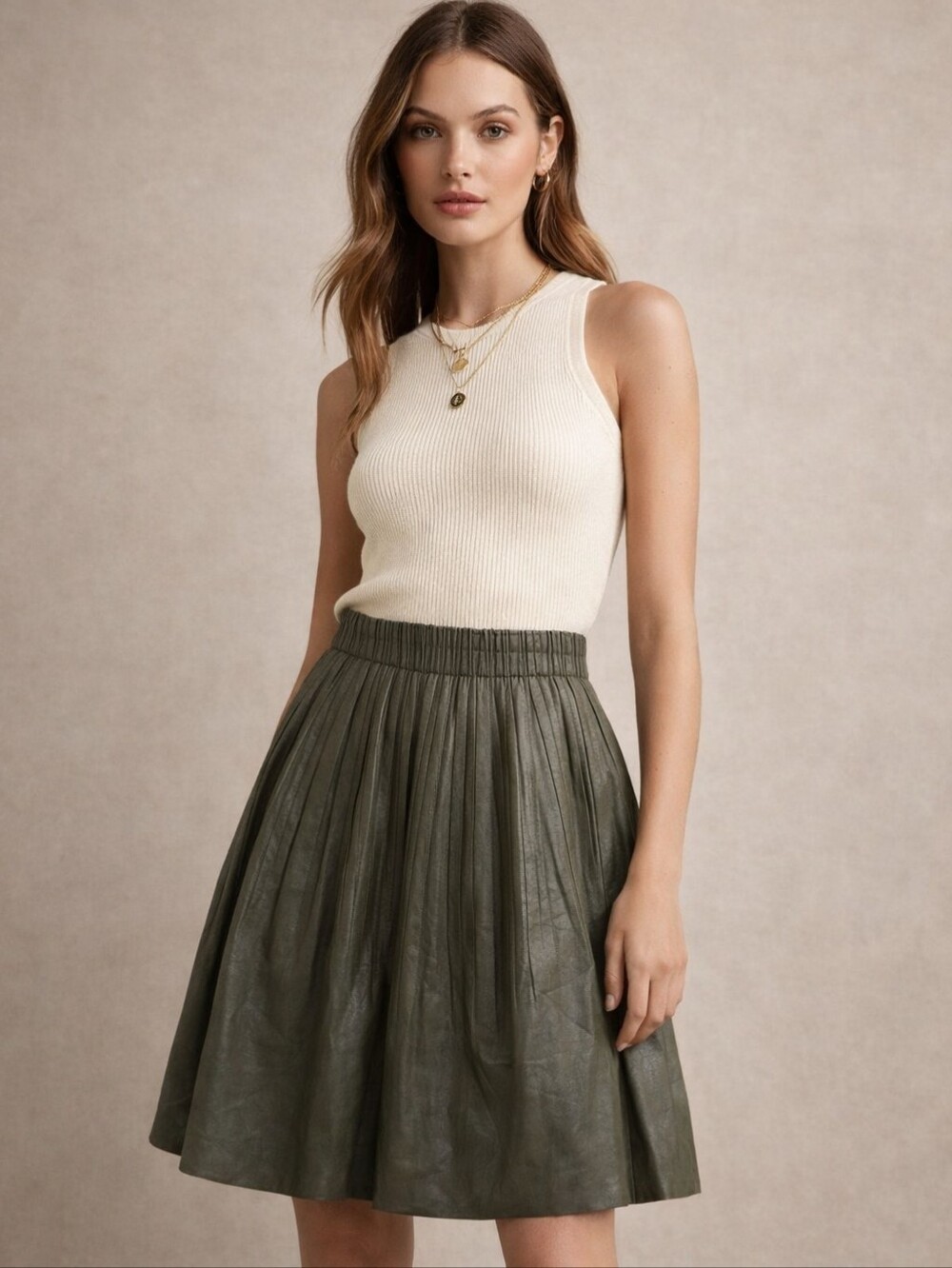 Anthropologie Moss Green Vegan Leather Pleated Mini Skirt XL